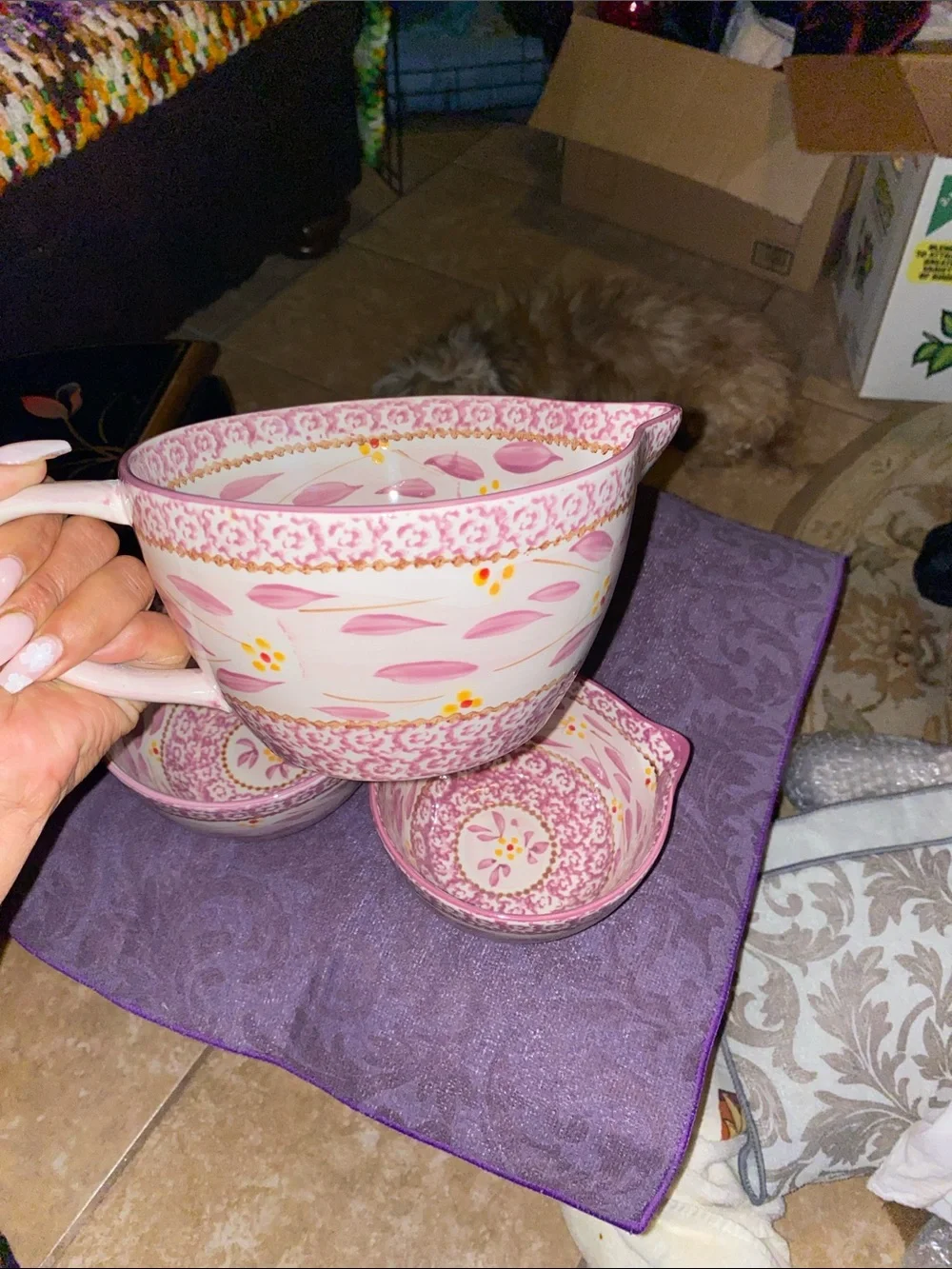 Temp-Tations 3PC Old World Pink Floral Mixing Bowls with Handle